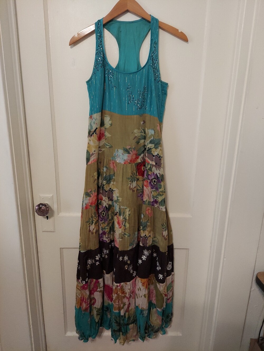 Racerback Maxi Dress Womens Small Boho Tiered Floral Patchwork Flowy Festival